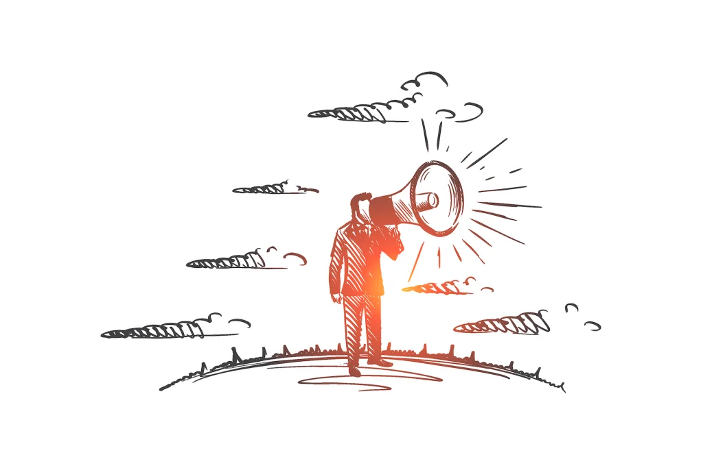 Hand drawn illustration of person with a megaphone.