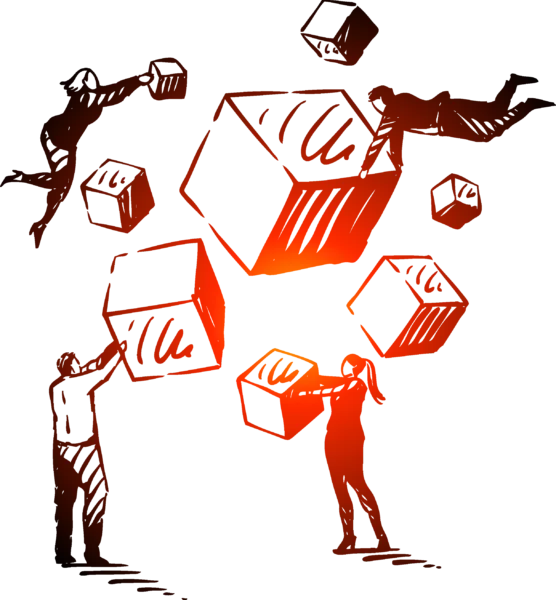Four people floating in air and holding onto boxes illustration